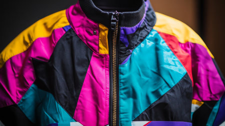 Colorful retro jacket indoors with vibrant geometric patterns and stylish designの素材