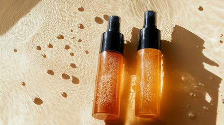 Two clear spray bottles with orange liquid on textured surface, dotted with water dropletsの素材