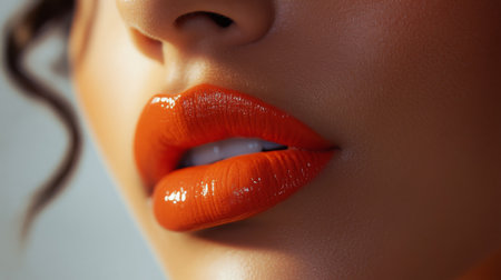 Close-up view of glossy orange lips showcasing bold makeup artistry in soft lightingの素材