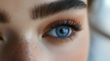 Close-up of a persons blue eye revealing unique details and natural beautyの素材