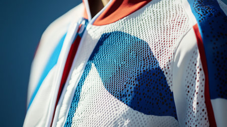 A close-up view of a colorful athletic jacket showcasing fabric texture and patternsの素材