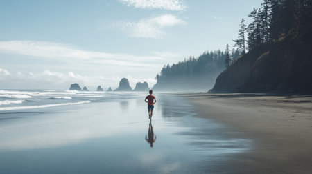 Jogging along serene beach at Cannon Beach with waves and distant cliffs under clear skyの素材
