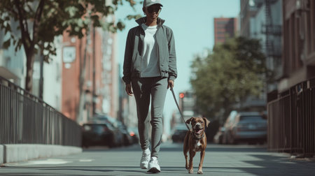 A woman walks her dog on a quiet city street under bright sunlight in the early afternoonの素材