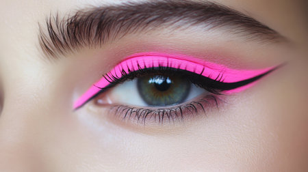 A close-up of an eye with bright pink eyeshadow and black eyelinerの素材