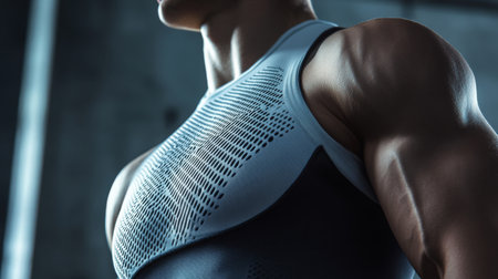 Close-up of a muscular athlete training indoors in a stylish athletic topの素材