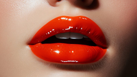 Vibrant red lips shine under soft lighting, showcasing a bold makeup look in beauty studioの素材