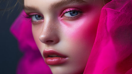 Close-up portrait of a model with dramatic pink makeup and vibrant fabric accentsの素材