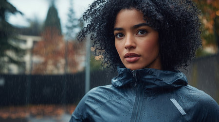 Woman jogging outdoors in the rain on a city street, wearing a dark jacketの素材