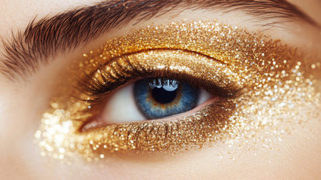 A close-up of an eye adorned with shimmering gold glitter makeup in natural lightingの素材