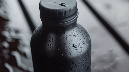 Black water bottle with droplets on wooden surface during a rainy dayの素材