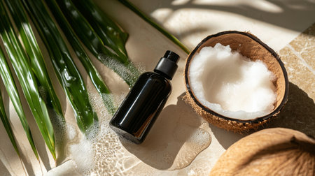 Natural beauty products with coconut oil and green leaves on surface during daylightの素材