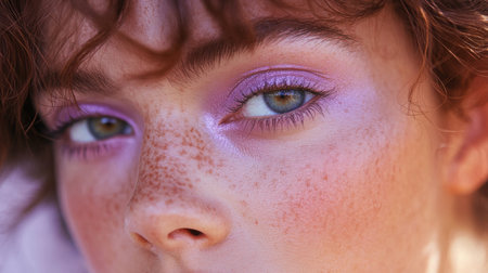 A person with vibrant purple eye makeup and natural freckles is outdoors in natural lightの素材