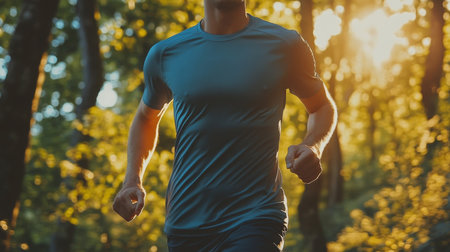 Runner in a forest path enjoying the golden sunset light during an evening workout sessionの素材