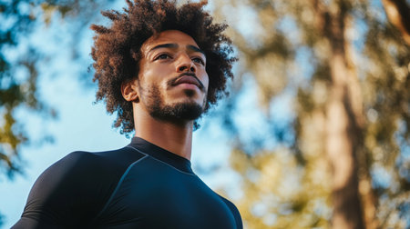 Young man in a black sports top standing outdoors while enjoying nature on a sunny dayの素材