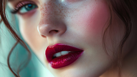 Close-up of a woman with vibrant red lips and striking features in natural lightの素材