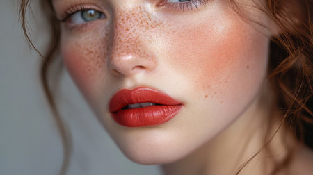 Close-up of young woman with freckles and vibrant red lips showcasing natural beauty lookの素材