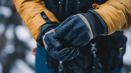 Person adjusts climbing gloves for a winter adventure in a snowy landscapeの素材