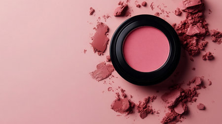 Soft pink blush with powder scattered on pink background arranged for beauty displayの素材