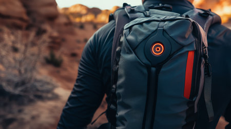 Hiker exploring a rugged desert landscape with a high-tech backpack during golden hourの素材