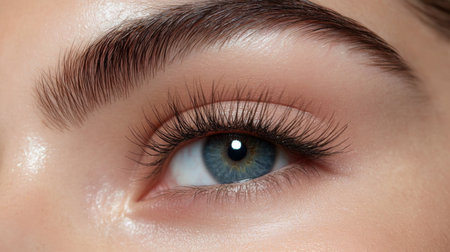 Detailed close-up of a persons eye showcasing long lashes and vibrant blue irisの素材