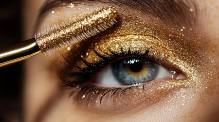 Applying golden glitter eyeshadow with precision in a close-up view of a models eyeの素材