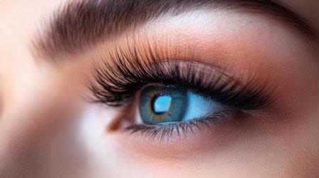 Close-up of a bright blue eye with long lashes highlighted by warm makeup tonesの素材