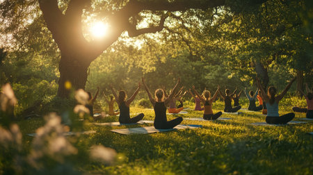 Yoga group practicing outdoors at sunset under a large tree in a peaceful parkの素材