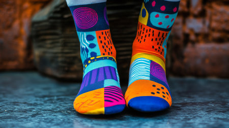 Brightly colored patterned socks on display against a rustic backdrop in soft lightingの素材