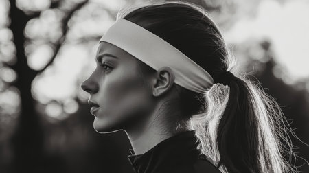 Young woman with a headband focused on fitness during an outdoor workout in natural lightの素材