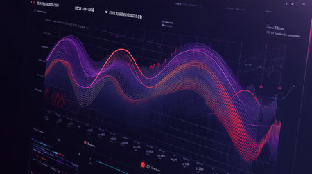 Dynamic data visualization showcasing complex waveforms on a high-resolution monitorの素材