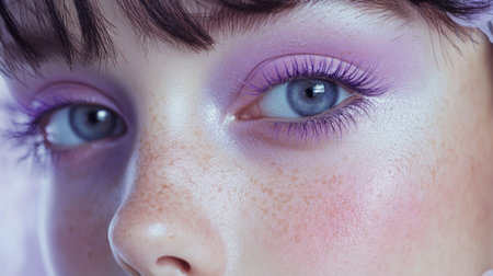 Young woman with lavender eye makeup and blue eyes shows off a stylish beauty lookの素材