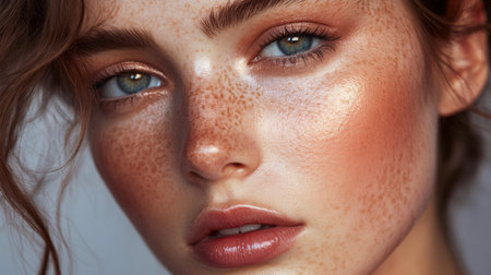 Young woman with freckles showcases natural beauty and vibrant skin tonesの素材