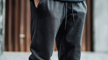 Casual athletic wear featuring gray joggers on a person standing outdoors in soft lightingの素材