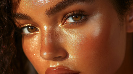 Radiant close-up of a young woman showcasing glowing skin and expressive eyesの素材