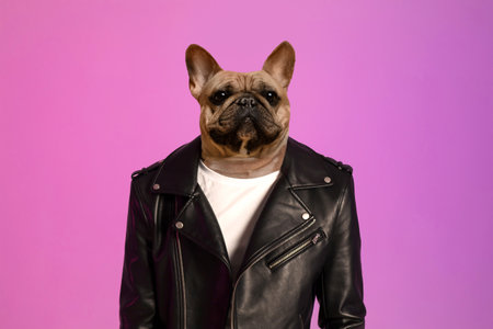 French Bulldog Wearing Black Leather Jacket On A Pink Backgroundの写真素材