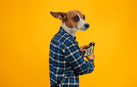 Dog In Plaid Shirt Holding Wallet With Money Against Yellowの写真素材