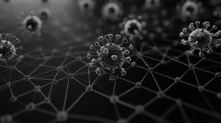 3D viral structure shown with a network in a dark setting during scientific analysisの素材