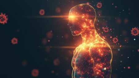 A glowing silhouette surrounded by virus particles in a health conceptの素材