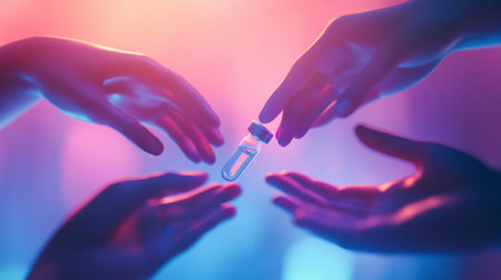 Hands exchanging a small vial under colorful lighting in a soft-focused setting at nightの素材