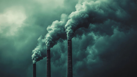 Smoke billows from industrial chimneys against a dark and cloudy sky at twilightの素材
