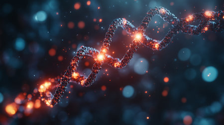 Intricate DNA double helix structure glowing with luminescent particlesの素材
