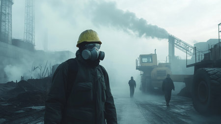 Workers in protective gear navigate a smoky industrial site at dawnの素材