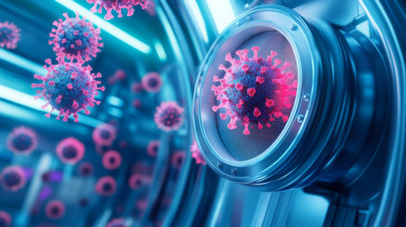 3D visualization of coronavirus particles in futuristic lab environmentの素材