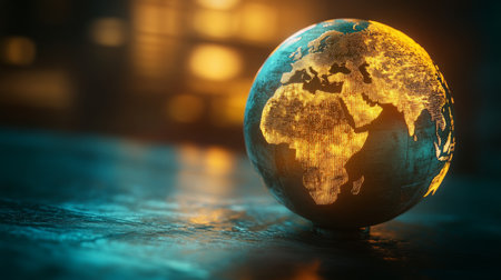 A glowing globe highlighting the continents with warm yellow tones indoor settingの素材