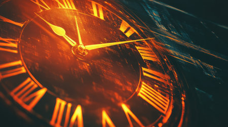 Close-up of an antique clock with glowing golden hands indicating late evening hoursの素材