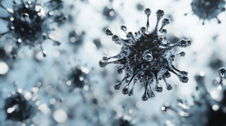Microscopic view of virus particles showing intricate biological structures and texturesの素材