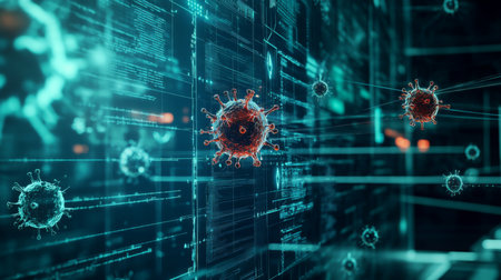 Futuristic scene of virus particles in a networked digital environmentの素材