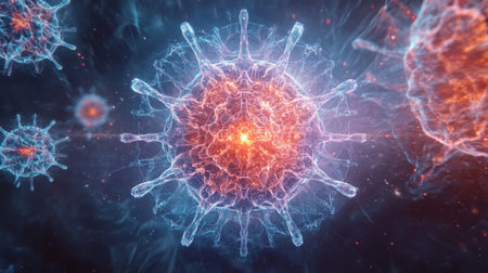 Colorful microscopic view of virus highlighting its structure and dynamic features in labの素材