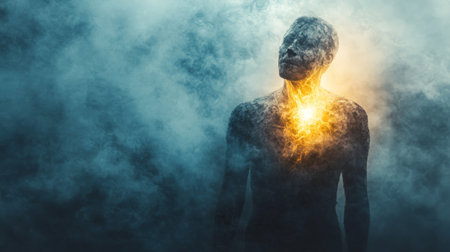 Figure stands amidst swirling smoke with glowing light emanating from the chest areaの素材