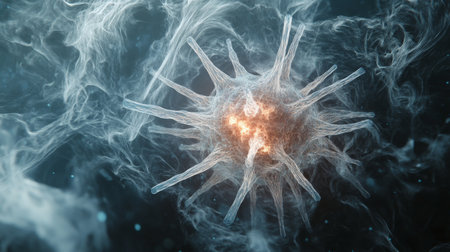 Microscopic view of a vibrant cell illuminated by light against a dark backgroundの素材